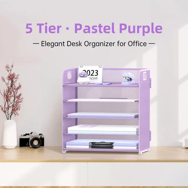 Alt view image 2 of 6 - 5 Trays Paper Organizer Letter Tray with Handle-Mesh Desk File Holders, Paper Sorter Desk Organizer for Office, Home, Classeoom or School, Purple