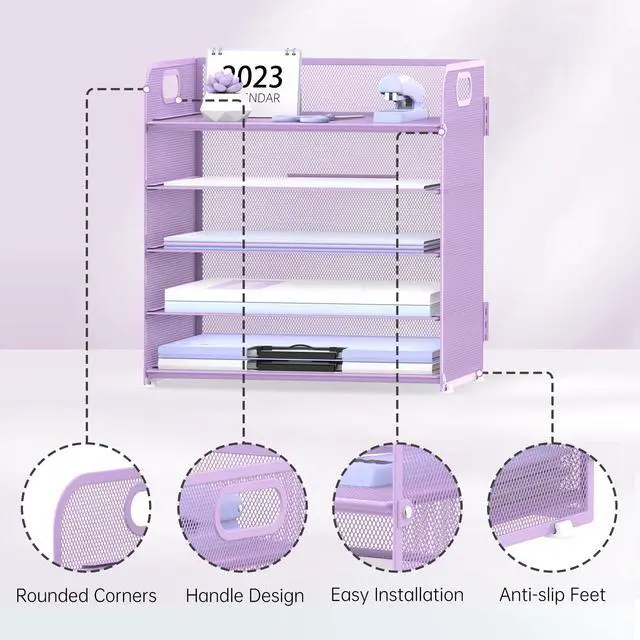 Alt view image 3 of 6 - 5 Trays Paper Organizer Letter Tray with Handle-Mesh Desk File Holders, Paper Sorter Desk Organizer for Office, Home, Classeoom or School, Purple
