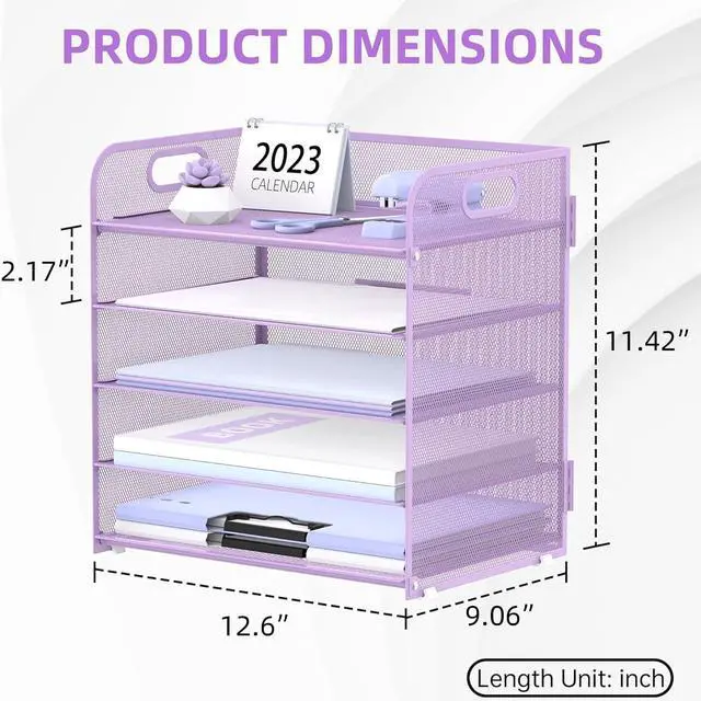 Alt view image 5 of 6 - 5 Trays Paper Organizer Letter Tray with Handle-Mesh Desk File Holders, Paper Sorter Desk Organizer for Office, Home, Classeoom or School, Purple