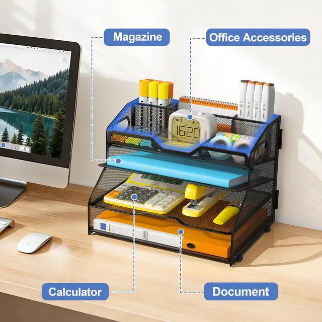 Alt view image 6 of 7 - 4 Tier Desk Orgnizers and Accessories, Metal Magazine File Holder with Pencil Holder and Handles, Space Saving Desktop Storage for School Office Supplies(Black)