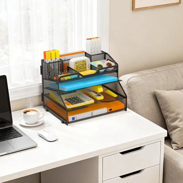 Alt view image 7 of 7 - 4 Tier Desk Orgnizers and Accessories, Metal Magazine File Holder with Pencil Holder and Handles, Space Saving Desktop Storage for School Office Supplies(Black)
