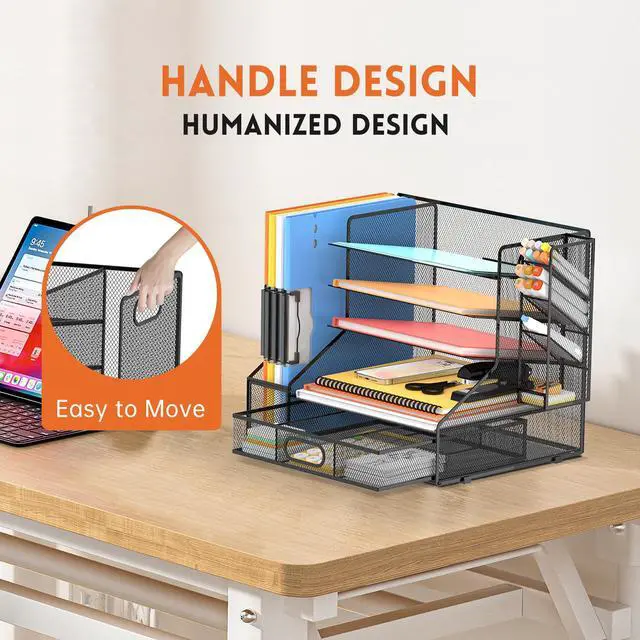 Alt view image 6 of 7 - Mesh Desk Organizer, 5-Tier Paper Letter Tray with File Holder & Pen Holder & Sliding Drawer, Desktop Organizer and Storage for Desk Accessories Office Supplies, Black