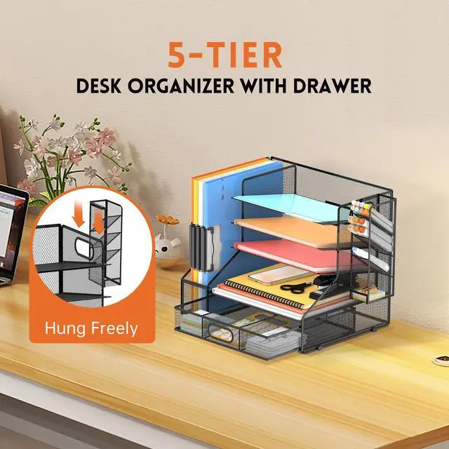 Alt view image 4 of 7 - Mesh Desk Organizer, 5-Tier Paper Letter Tray with File Holder & Pen Holder & Sliding Drawer, Desktop Organizer and Storage for Desk Accessories Office Supplies, Black