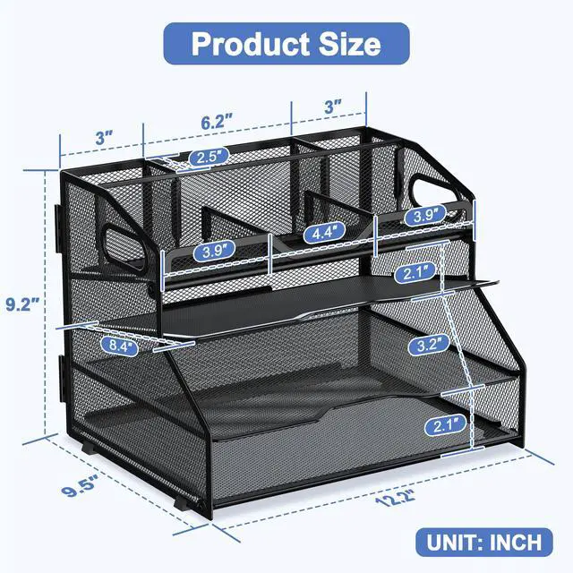 Alt view image 2 of 7 - 4 Tier Desk Orgnizers and Accessories, Metal Magazine File Holder with Pencil Holder and Handles, Space Saving Desktop Storage for School Office Supplies(Black)