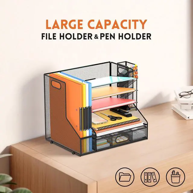 Alt view image 2 of 7 - Mesh Desk Organizer, 5-Tier Paper Letter Tray with File Holder & Pen Holder & Sliding Drawer, Desktop Organizer and Storage for Desk Accessories Office Supplies, Black
