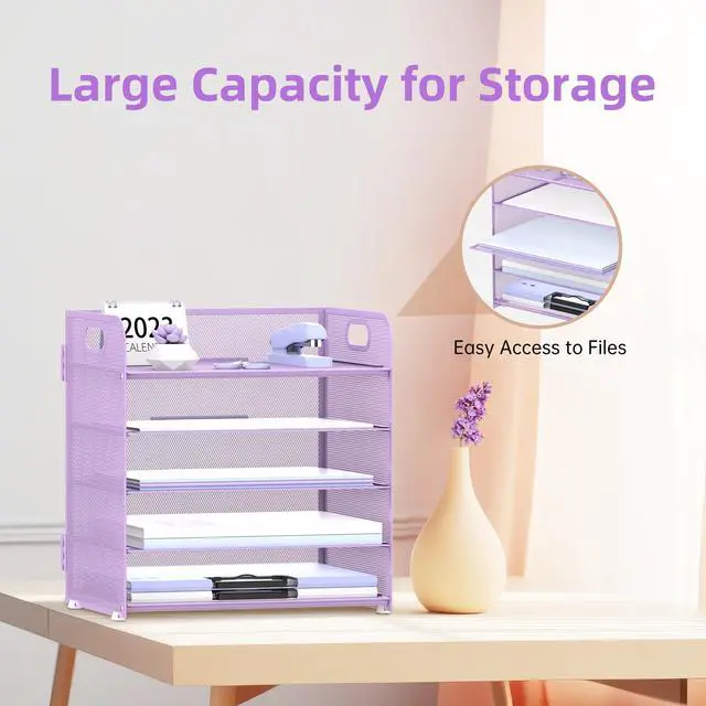 Alt view image 4 of 6 - 5 Trays Paper Organizer Letter Tray with Handle-Mesh Desk File Holders, Paper Sorter Desk Organizer for Office, Home, Classeoom or School, Purple