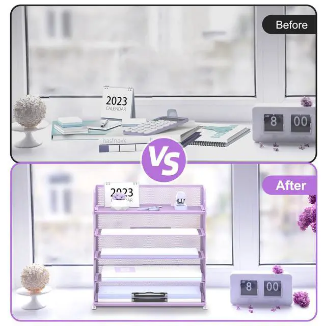 Alt view image 6 of 6 - 5 Trays Paper Organizer Letter Tray with Handle-Mesh Desk File Holders, Paper Sorter Desk Organizer for Office, Home, Classeoom or School, Purple