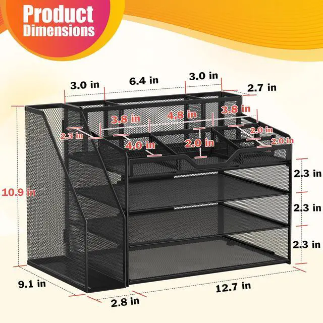 Alt view image 3 of 7 - 4 Tier Mesh Desk Organizer with File Holder Multi-Functional Paper Letter Tray with 5 Adjustable Compartments, 3 Pen Holders, Desktop Storage for Files, Mail, Stationery Black