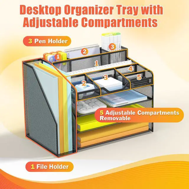 Alt view image 4 of 7 - 4 Tier Mesh Desk Organizer with File Holder Multi-Functional Paper Letter Tray with 5 Adjustable Compartments, 3 Pen Holders, Desktop Storage for Files, Mail, Stationery Black