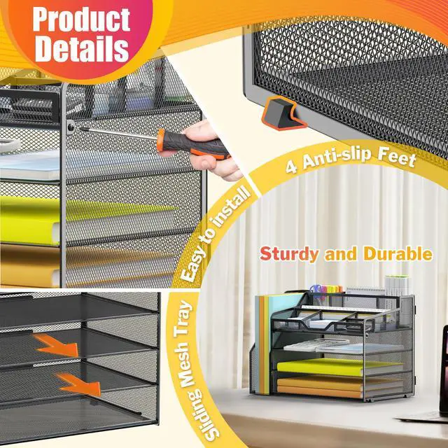 Alt view image 5 of 7 - 4 Tier Mesh Desk Organizer with File Holder Multi-Functional Paper Letter Tray with 5 Adjustable Compartments, 3 Pen Holders, Desktop Storage for Files, Mail, Stationery Black