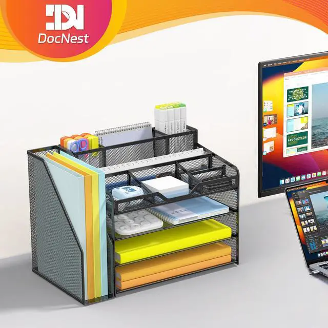 Alt view image 7 of 7 - 4 Tier Mesh Desk Organizer with File Holder Multi-Functional Paper Letter Tray with 5 Adjustable Compartments, 3 Pen Holders, Desktop Storage for Files, Mail, Stationery Black