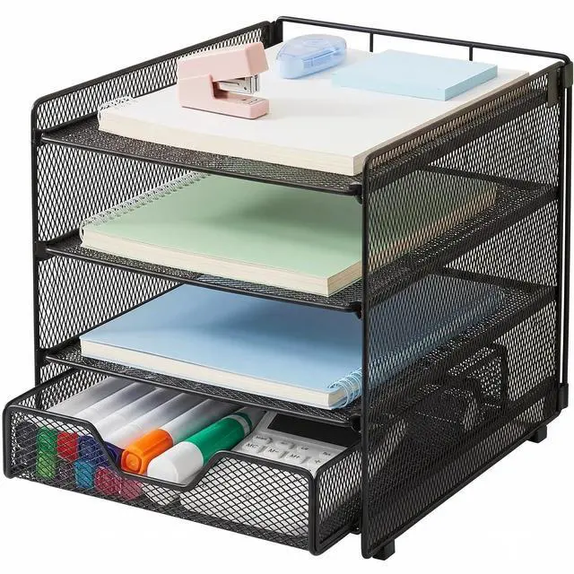 Main image of Desk Organizers and Accessories, 4-Tier Desktop File Organizer with Drawer, Office Desk Accessories & Workspace Organizers for Office, Home Supplies(Black)