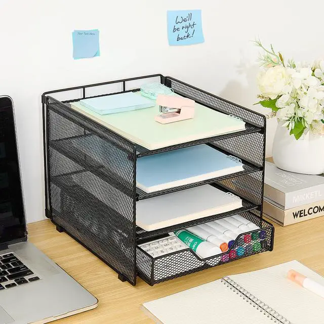 Alt view image 3 of 7 - Desk Organizers and Accessories, 4-Tier Desktop File Organizer with Drawer, Office Desk Accessories & Workspace Organizers for Office, Home Supplies(Black)