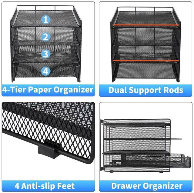 Alt view image 6 of 7 - Desk Organizers and Accessories, 4-Tier Desktop File Organizer with Drawer, Office Desk Accessories & Workspace Organizers for Office, Home Supplies(Black)