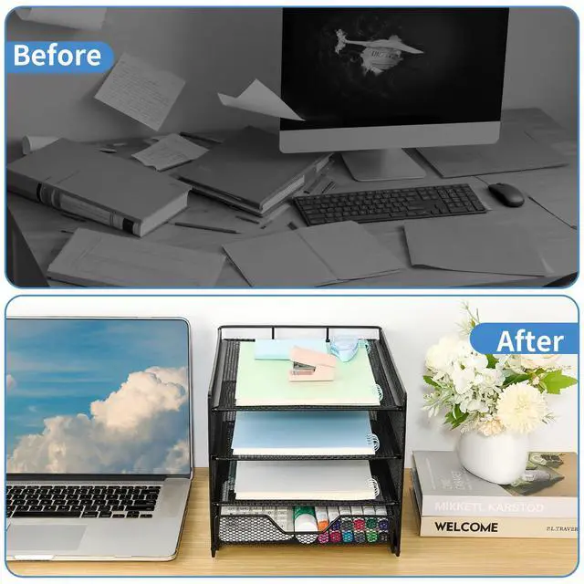 Alt view image 4 of 7 - Desk Organizers and Accessories, 4-Tier Desktop File Organizer with Drawer, Office Desk Accessories & Workspace Organizers for Office, Home Supplies(Black)