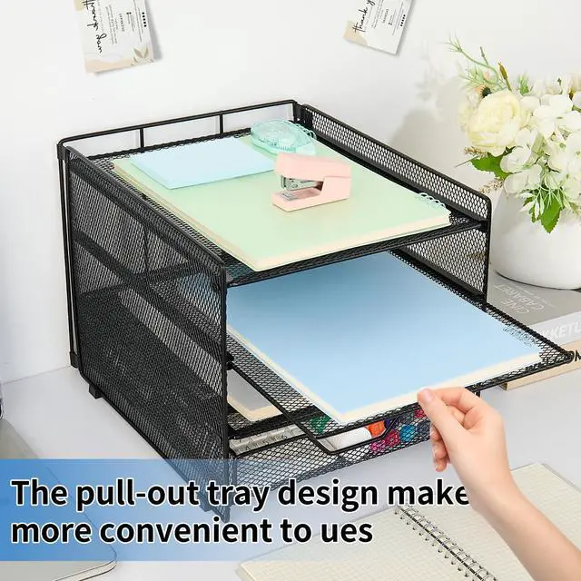 Alt view image 5 of 7 - Desk Organizers and Accessories, 4-Tier Desktop File Organizer with Drawer, Office Desk Accessories & Workspace Organizers for Office, Home Supplies(Black)
