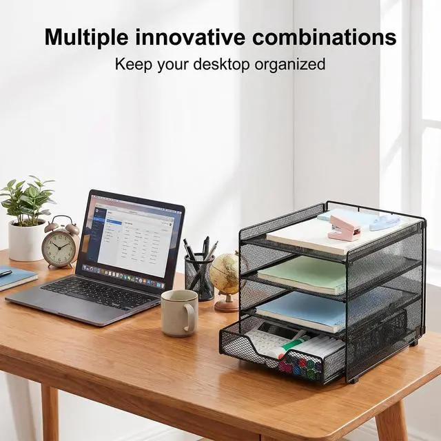Alt view image 7 of 7 - Desk Organizers and Accessories, 4-Tier Desktop File Organizer with Drawer, Office Desk Accessories & Workspace Organizers for Office, Home Supplies(Black)