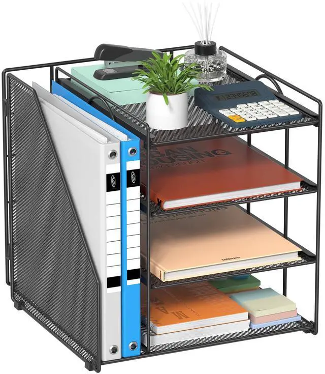 Main image of Desk Organizer, 4-Tier Metal File Organizer for Desk with Vertical File Holder, Office Accessories and Desktop Storage for Office Supplies (Black)