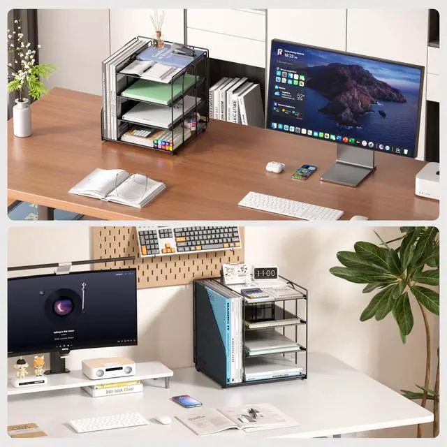 Alt view image 3 of 7 - Desk Organizer, 4-Tier Metal File Organizer for Desk with Vertical File Holder, Office Accessories and Desktop Storage for Office Supplies (Black)