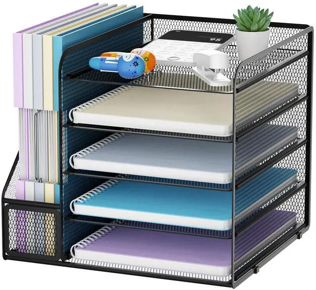 Main image of Desk Organizers and Accessories, 5-Tier Paper Letter Tray Organizer with File Holder, Mesh File Organizer, Office Desk Accessories & Organization for Supplies (Black)