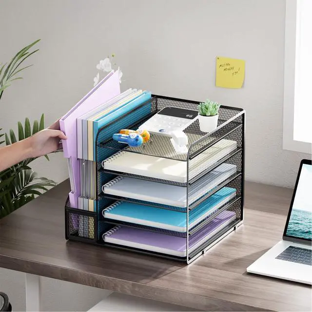 Alt view image 2 of 6 - Desk Organizers and Accessories, 5-Tier Paper Letter Tray Organizer with File Holder, Mesh File Organizer, Office Desk Accessories & Organization for Supplies (Black)