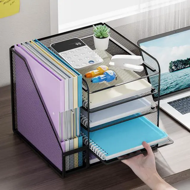Alt view image 3 of 6 - Desk Organizers and Accessories, 5-Tier Paper Letter Tray Organizer with File Holder, Mesh File Organizer, Office Desk Accessories & Organization for Supplies (Black)