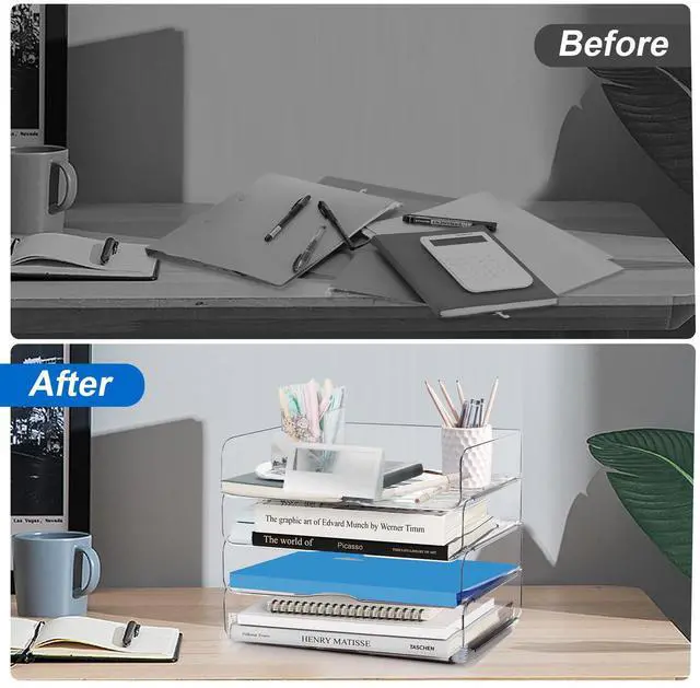Alt view image 5 of 7 - Desk Organizer and Storage,4-Tier Paper Letter Tray Organizers,Stackable Clear Desktop Organizer for Documents,Book Magazine Storage,Office Supplies, (Clear,4 Pack)