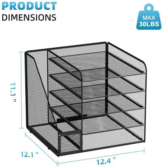 Alt view image 6 of 6 - Desk Organizers and Accessories, 5-Tier Paper Letter Tray Organizer with File Holder, Mesh File Organizer, Office Desk Accessories & Organization for Supplies (Black)