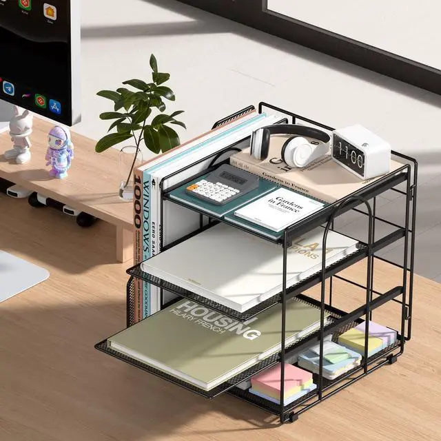 Alt view image 2 of 7 - Desk Organizer, 4-Tier Metal File Organizer for Desk with Vertical File Holder, Office Accessories and Desktop Storage for Office Supplies (Black)