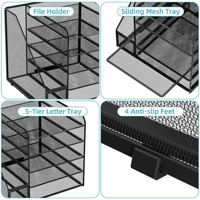 Alt view image 4 of 6 - Desk Organizers and Accessories, 5-Tier Paper Letter Tray Organizer with File Holder, Mesh File Organizer, Office Desk Accessories & Organization for Supplies (Black)