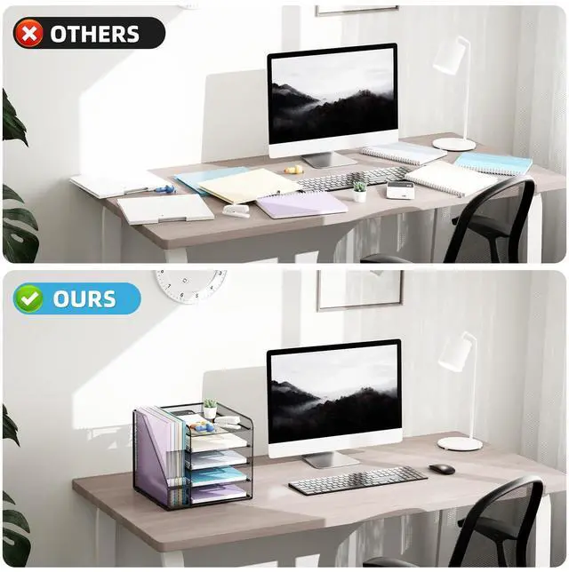 Alt view image 5 of 6 - Desk Organizers and Accessories, 5-Tier Paper Letter Tray Organizer with File Holder, Mesh File Organizer, Office Desk Accessories & Organization for Supplies (Black)