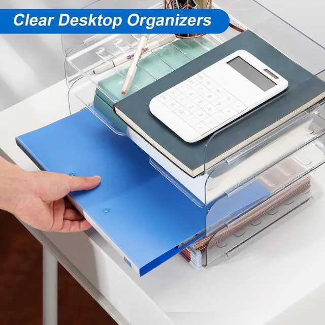Alt view image 2 of 7 - Desk Organizer and Storage,4-Tier Paper Letter Tray Organizers,Stackable Clear Desktop Organizer for Documents,Book Magazine Storage,Office Supplies, (Clear,4 Pack)