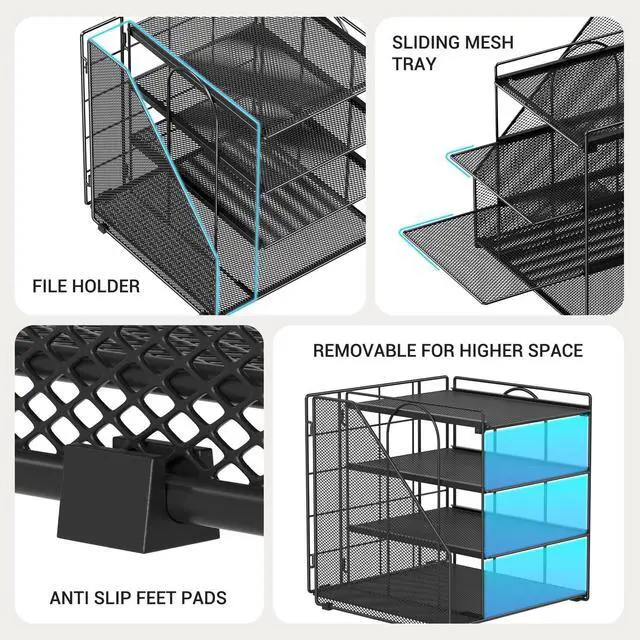 Alt view image 5 of 7 - Desk Organizer, 4-Tier Metal File Organizer for Desk with Vertical File Holder, Office Accessories and Desktop Storage for Office Supplies (Black)