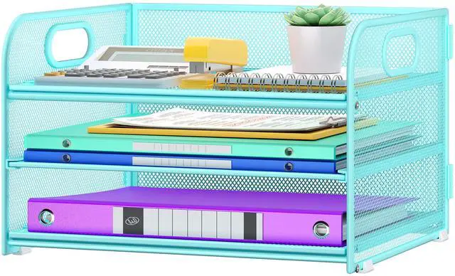 Main image of 3 Tier Paper Organizer with Handle, Metal Desk Organizer Mesh Paper Letter Tray Desktop File Folder Document Sorter for Classroom, School, Office Accessories Storage (1, Blue)