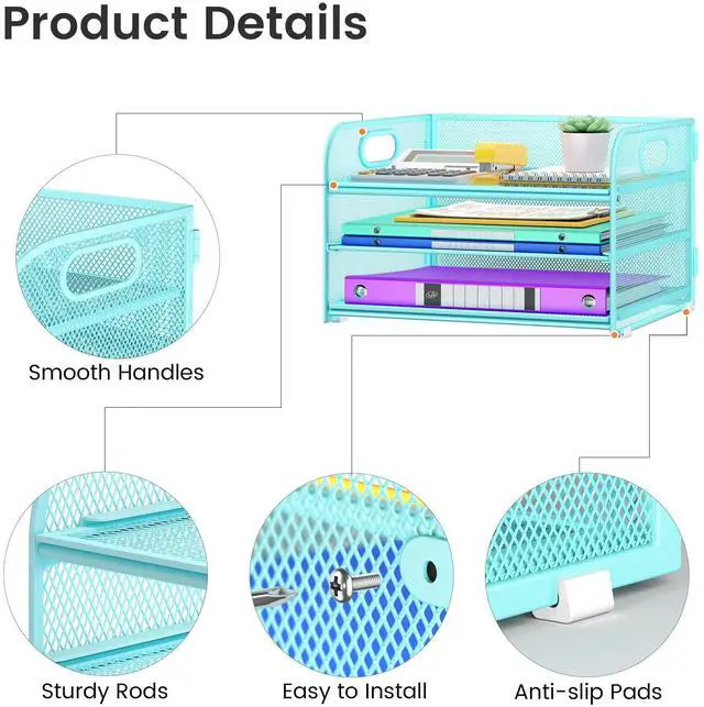 Alt view image 3 of 6 - 3 Tier Paper Organizer with Handle, Metal Desk Organizer Mesh Paper Letter Tray Desktop File Folder Document Sorter for Classroom, School, Office Accessories Storage (1, Blue)