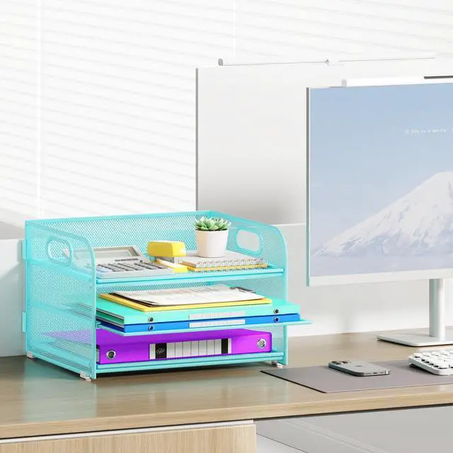 Alt view image 2 of 6 - 3 Tier Paper Organizer with Handle, Metal Desk Organizer Mesh Paper Letter Tray Desktop File Folder Document Sorter for Classroom, School, Office Accessories Storage (1, Blue)
