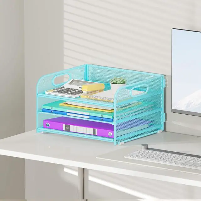 Alt view image 5 of 6 - 3 Tier Paper Organizer with Handle, Metal Desk Organizer Mesh Paper Letter Tray Desktop File Folder Document Sorter for Classroom, School, Office Accessories Storage (1, Blue)