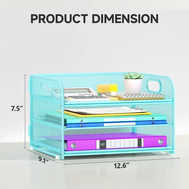 Alt view image 6 of 6 - 3 Tier Paper Organizer with Handle, Metal Desk Organizer Mesh Paper Letter Tray Desktop File Folder Document Sorter for Classroom, School, Office Accessories Storage (1, Blue)