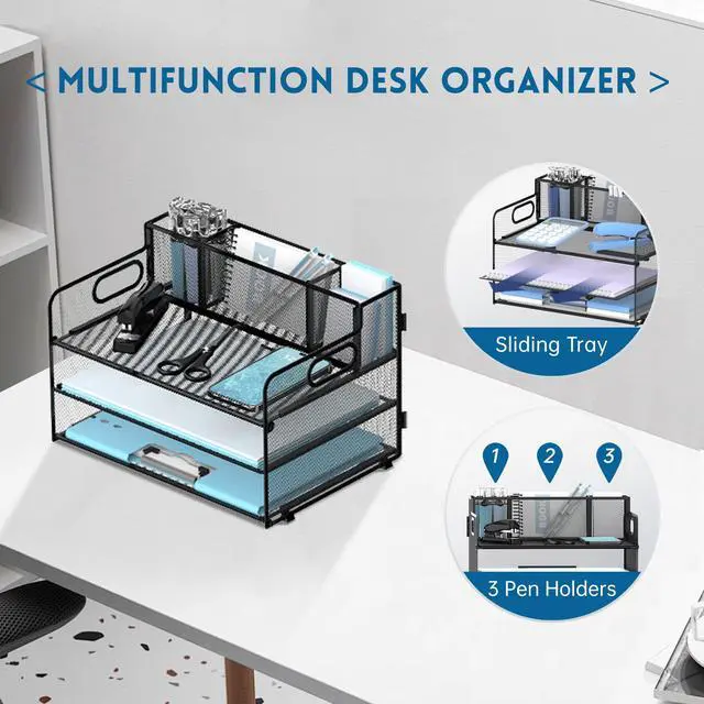 Alt view image 4 of 6 - 3 Tier Desk File Organizer with Pen Holder, Mesh Paper Tray File Organizer for Desk, Fold Holder with Handle for Office, Classroom, Home, Workspace(Black)
