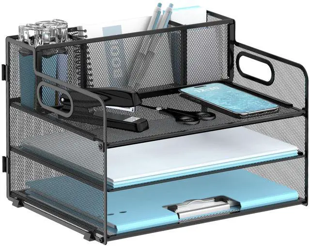 Main image of 3 Tier Desk File Organizer with Pen Holder, Mesh Paper Tray File Organizer for Desk, Fold Holder with Handle for Office, Classroom, Home, Workspace(Black)