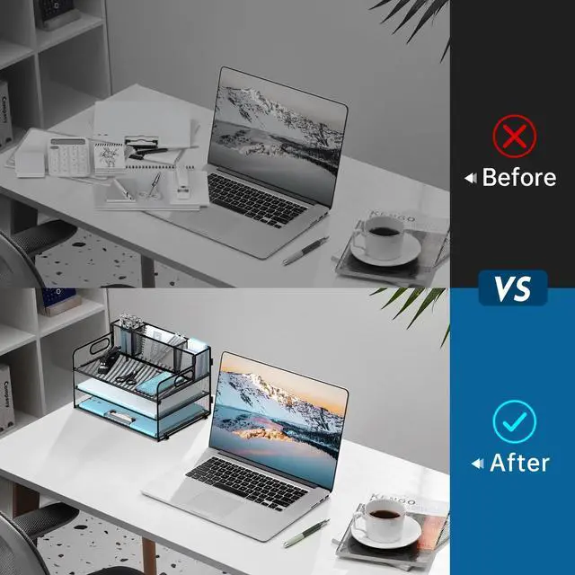 Alt view image 6 of 6 - 3 Tier Desk File Organizer with Pen Holder, Mesh Paper Tray File Organizer for Desk, Fold Holder with Handle for Office, Classroom, Home, Workspace(Black)