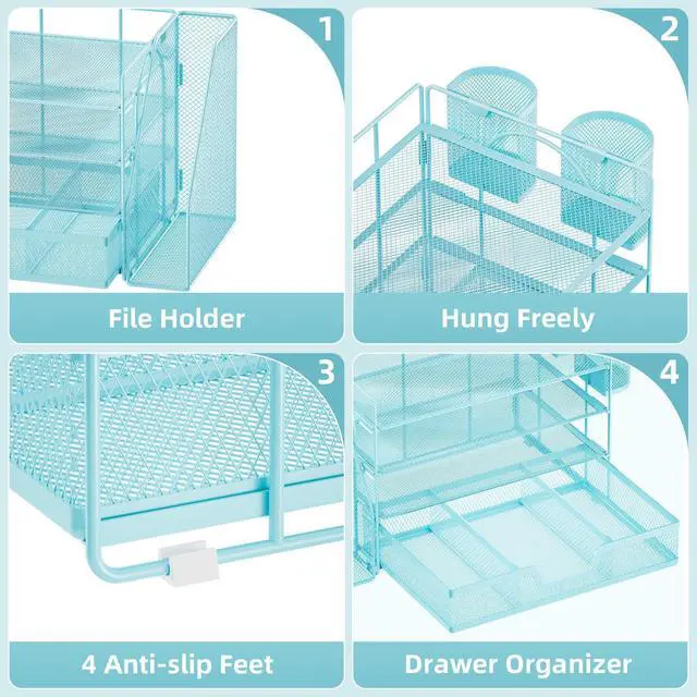 Alt view image 4 of 7 - Desk Organizer and Accessories4-Tier Paper Letter Tray Organizer with File Holder, Desk Accessories & Workspace Organizers with Drawer and 2 Pen Holder (Blue, 15.4" x 9.1" x 8.3")