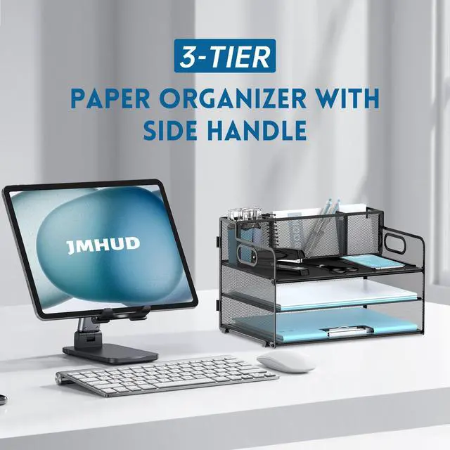 Alt view image 2 of 6 - 3 Tier Desk File Organizer with Pen Holder, Mesh Paper Tray File Organizer for Desk, Fold Holder with Handle for Office, Classroom, Home, Workspace(Black)