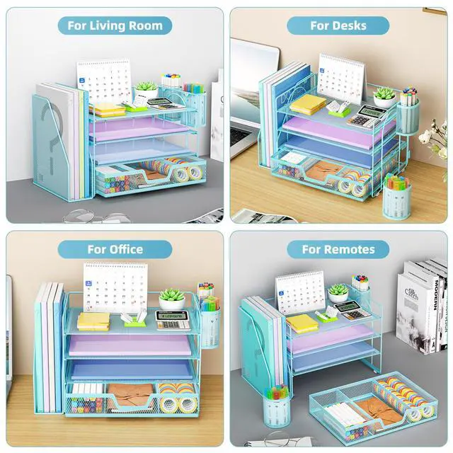 Alt view image 6 of 7 - Desk Organizer and Accessories4-Tier Paper Letter Tray Organizer with File Holder, Desk Accessories & Workspace Organizers with Drawer and 2 Pen Holder (Blue, 15.4" x 9.1" x 8.3")