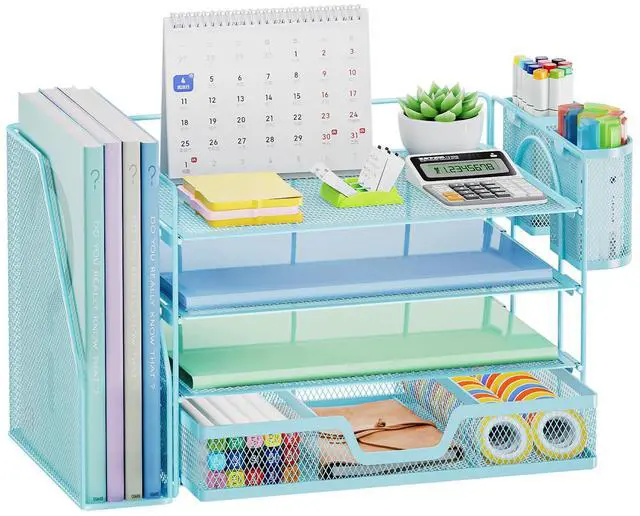 Main image of Desk Organizer and Accessories4-Tier Paper Letter Tray Organizer with File Holder, Desk Accessories & Workspace Organizers with Drawer and 2 Pen Holder (Blue, 15.4" x 9.1" x 8.3")