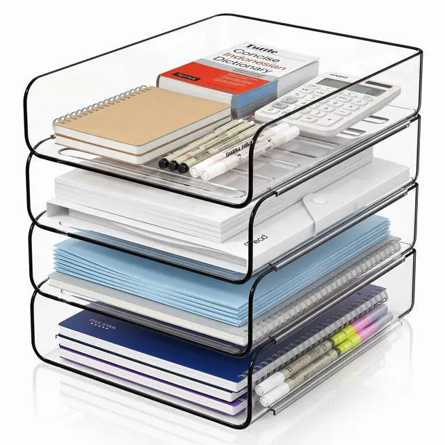 Main image of Stackable Letter Tray Desk Organizer, Set of 4 Clear PET Paper & File Organizers, Document Storage for Office Supplies