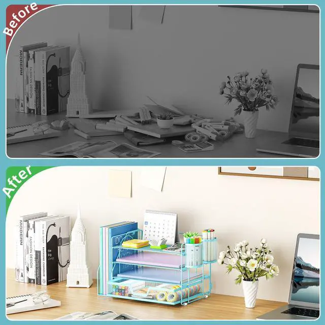 Alt view image 2 of 7 - Desk Organizer and Accessories4-Tier Paper Letter Tray Organizer with File Holder, Desk Accessories & Workspace Organizers with Drawer and 2 Pen Holder (Blue, 15.4" x 9.1" x 8.3")