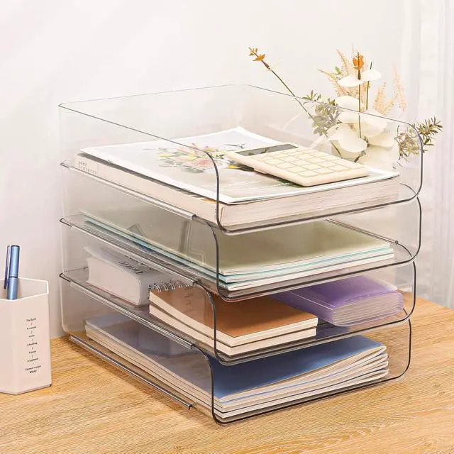 Alt view image 2 of 7 - Stackable Letter Tray Desk Organizer, Set of 4 Clear PET Paper & File Organizers, Document Storage for Office Supplies