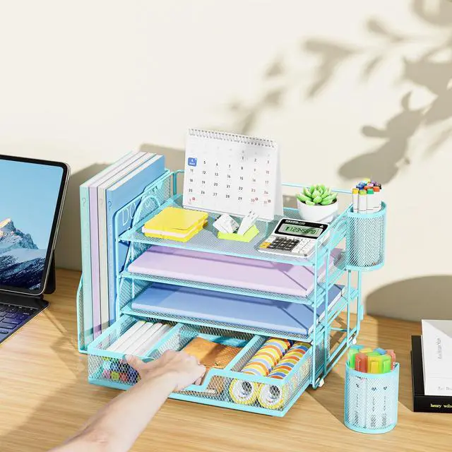 Alt view image 7 of 7 - Desk Organizer and Accessories4-Tier Paper Letter Tray Organizer with File Holder, Desk Accessories & Workspace Organizers with Drawer and 2 Pen Holder (Blue, 15.4" x 9.1" x 8.3")