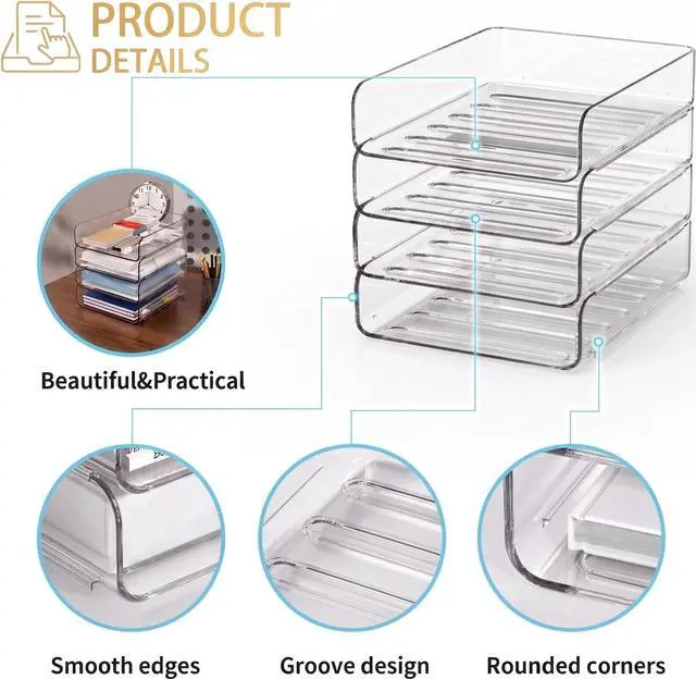 Alt view image 4 of 7 - Stackable Letter Tray Desk Organizer, Set of 4 Clear PET Paper & File Organizers, Document Storage for Office Supplies